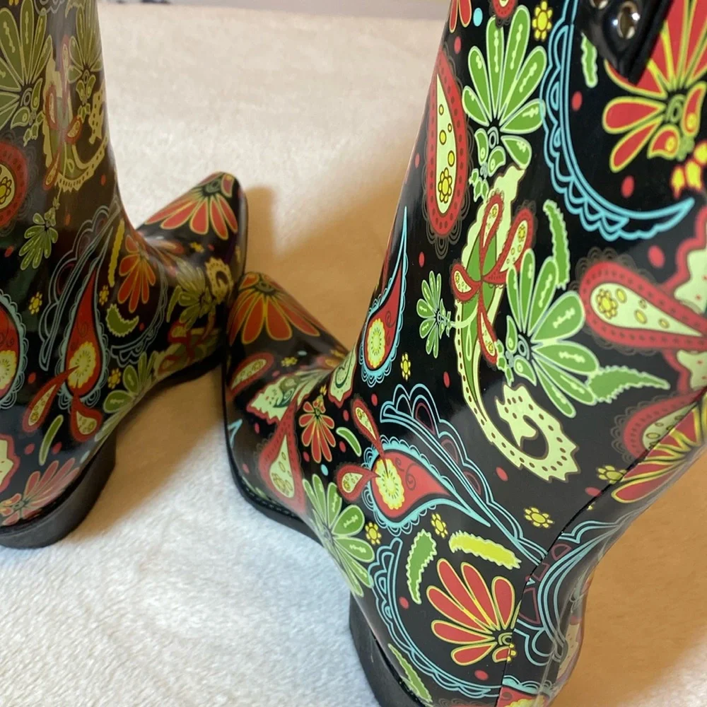 Nomad Black Floral Paisley Rain Boots with Multicolor Accents